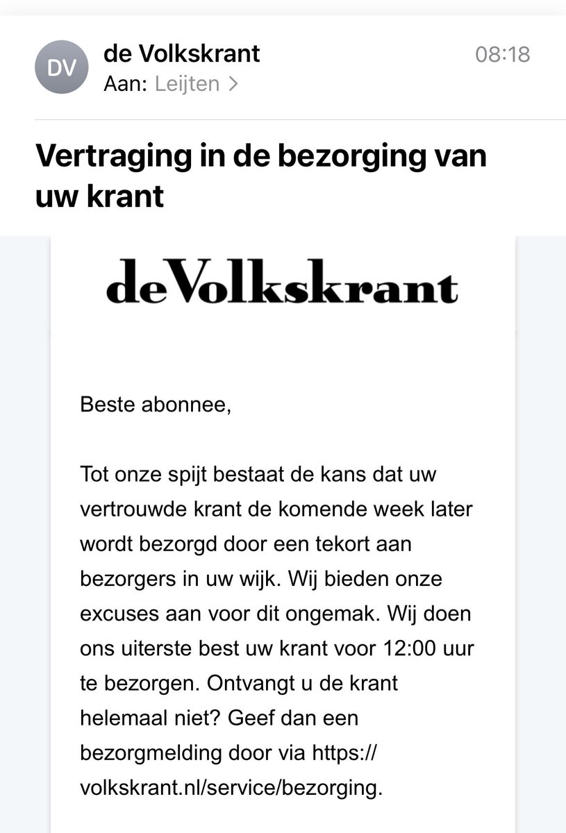 RenskeLeijten's tweet photo. Bij ons is de papieren zaterdagkrant al járen een zondagskrant ivm de late bezorging. Klagen over de bezorging leidt tot woedende bezorger omdat tie daardoor bonus kwijtraakt… (en nog later of geen bezorging)

Maar wel attent mailtje 🤗😂 https://t.co/RBoXcJA2qm