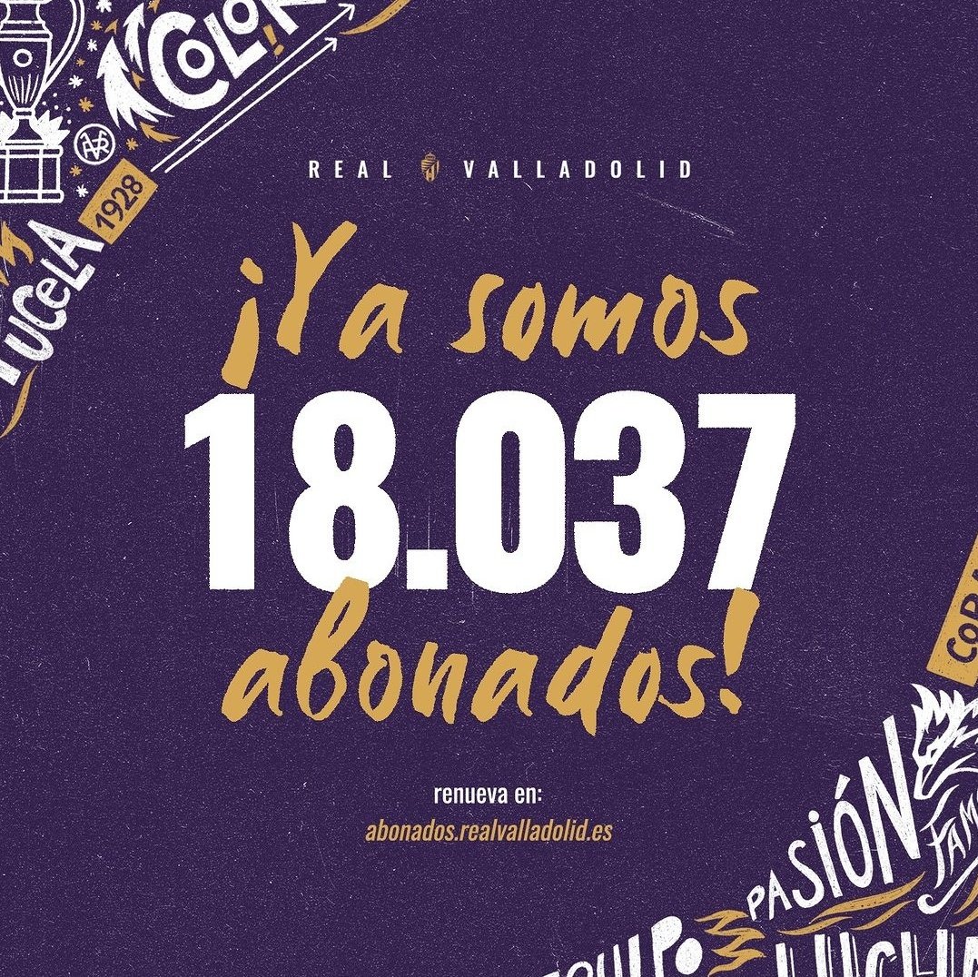 💜 El <a href="/realvalladolid/">Real Valladolid C.F.</a> bate su RÉCORD de abonados en la división de plata

👉 Pese al descenso, 18.037 aficionados blanquivioletas han renovado su carnet para la 2023/2024