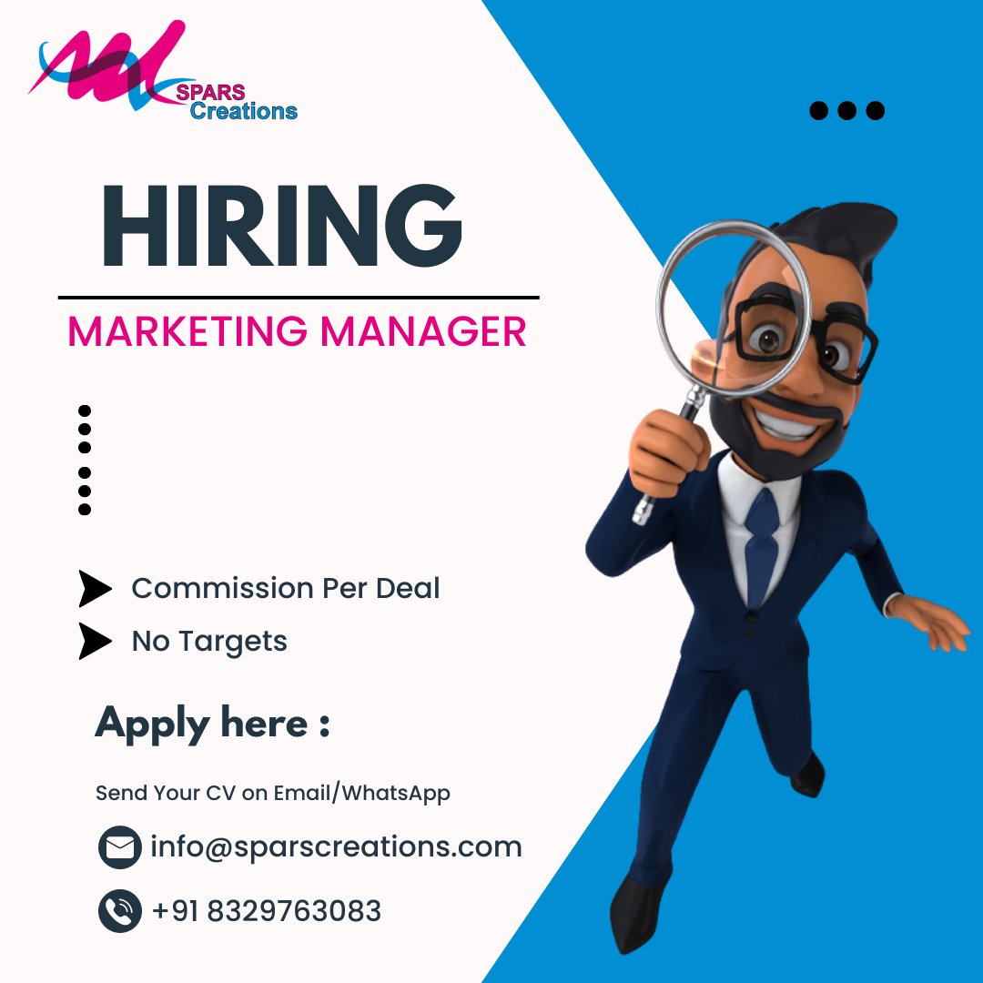SparsCreations's tweet photo. We are looking for a marketing Manager for our Company SPARS Creations, Interested Candidates can send their Resume via email or Whatsapp.
Email: info@sparscreations.com
Whatsapp: +918329763083
Visit us: https://t.co/1z3Lj5mv8n https://t.co/iuv0caZMA6