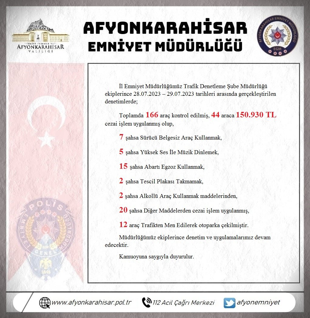 afyonemniyet's tweet photo. 📆28.07.2023 – 29.07.2023 tarihleri arasında
✅İl Emniyet Müdürlüğümüz Trafik Denetleme Şube Müdürlüğü ekiplerince
gerçekleştirilen denetimlerde;

Toplamda 1⃣6⃣6⃣araç kontrol edilmiş, 4⃣4⃣araca 1⃣5⃣0⃣.9⃣3⃣0⃣TL cezai işlem uygulanmış olup,

Ayrıntılar👇 https://t.co/3iCiJRLoa3