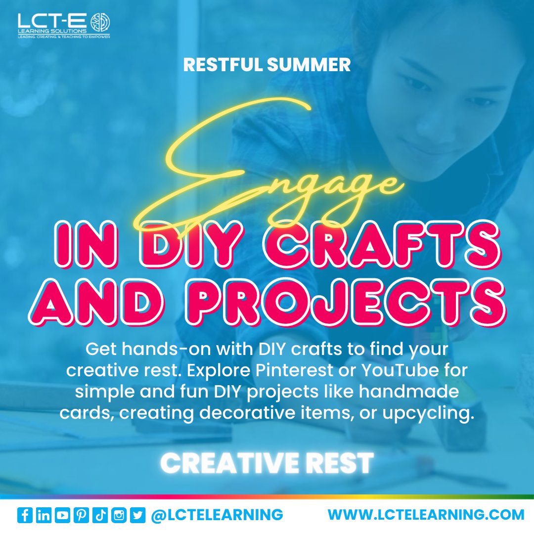 lctelearning's tweet image. ✂️ Engage in DIY Crafts!🔨

Share a picture of your latest DIY masterpiece with us! 

Register to get your rest resources for the challenge: lctechallenge.com.
 
#CreativeRest #RestfulTeacher #RestfulTeacherChallenge #31DayRestChallenge #TeacherWellbeing