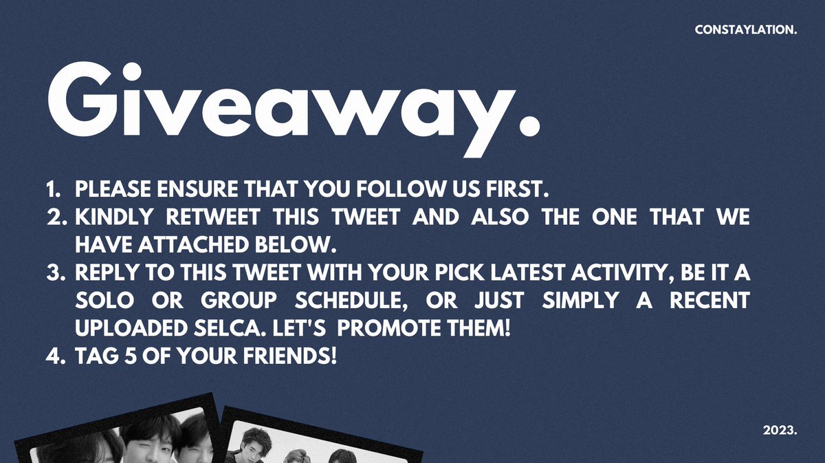 _constaylation's tweet photo. We have an exciting giveaway where ONE (1) free slot is up for grabs! To participate, please carefully read and follow the regulations we have provided. We will be waiting until July 30th, 2023 at 5:00 PM (GMT+7).

We extend our best wishes to all participants. Good luck! ☆ https://t.co/XWOR1udMSZ