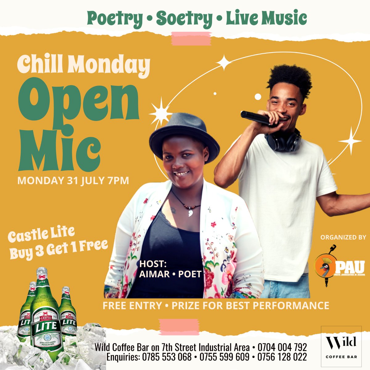 The usual Monday evening plot.

We are on again this Monday. Use the weekend to rest bambi.

📍 @wildcoffeebar1
⌚7pm 
Free Entrance for all.

For any inquiries, reach me via wa.me/256785553068

#ChillMonday #OpenMic #PoetryUgEvents