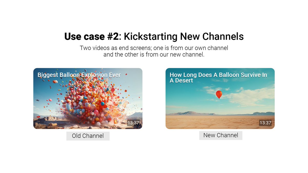MarioJoos's tweet photo. End screens on YouTube can be used to A/B test thumbnails, kickstart new channels, and even guarantee viewership for certain branded videos.

Here are three ways to use YouTube end screens besides getting people to find your usual content.

Important: As you upload videos to YouTube, some of them will keep getting views for a long time. We also know that people are more likely to watch a video until the end if it's good. If they watch until the end, end screens can be shown. End screens are great because they let you choose which videos you want the viewer to watch.

Did you know that endscreens bring in about 5% of all traffic to some channels? That means that up to 5% of traffic can be sent to the videos you want. You're not making the viewer click, you're just making more people aware of some videos. With this increased exposure and the magic of math, you'll be able to get more people to watch specific videos.
Use case #1: A/B Testing Thumbnails

People don't always know that you can put unlisted videos in your end screens, but you can. We're going to use this feature in a clever way. Just upload two copies of the same video as unlisted, but switch the thumbnails around. Then, you put those two on the end screens of videos that get enough end screen traffic and let it run for a few hours. You can see how many times each video has been clicked on after a few hours. Once you have enough data, publish the video with the most amount of clicks. It's not perfect information, but you’ll gain some insight in the clickability of certain thumbnails.
Note: Some videos won't change much in how many people watch them in a certain amount of time, but I've seen thumbnails get three times as many clicks.

Use case #2: Kickstarting New Channels

When you put end screens on your channel, it shows a thumbnail and a title. It doesn't, however, show the channel that made this video. We are going to take full advantage of this information. If we want to quickly grow a new channel, all we have to do is put videos from that new channel on our end screens. This can help you get the initial attention that a new channel might need. I've used this method to start a few new channels, some of which got tens of thousands of subscribers in a short amount of time. How well this method works depends only on how much traffic your end screens bring in and how likely it is that your audience clicks on those end screens.
Note: It's important to remember that we don't force the viewer to watch certain content; we simply use clever ways to bring the viewer to certain content by making it more visible. At the end of the day, it's up to them to decide if they want to watch the new video or not.

Use case #3: Guaranteeing viewership

Brands often pay a creator based on how many people watch their videos on average. But nothing is more frustrating than hoping for, say, 500k viewers and then getting only 100k viewers. In this case, we can pull a fast one and just show that video more often on our end screens. This could help you reach the kind of audience that brands want and could even help you get another deal.
Mass Updating End Screens

For these use cases to work well, I would strongly suggest that people use tools that help you update your end screens in bulk. I used to use TubeBuddy's tool for those with access, but there may be other tools. If you don't have these tools, I'd just find a group of videos that get a lot of traffic on the end screen and update them.

I hope that this post will give some of you ideas for creative ways to use end screens.

Final note: I changed the name of the YouTube accelerator program to "Retention Accelerator" to make it clearer that this is not a competitor to other YouTube programs, but rather an accelerator for a certain kind of expertise: YouTube Retention. I linked to this program on my profile page.