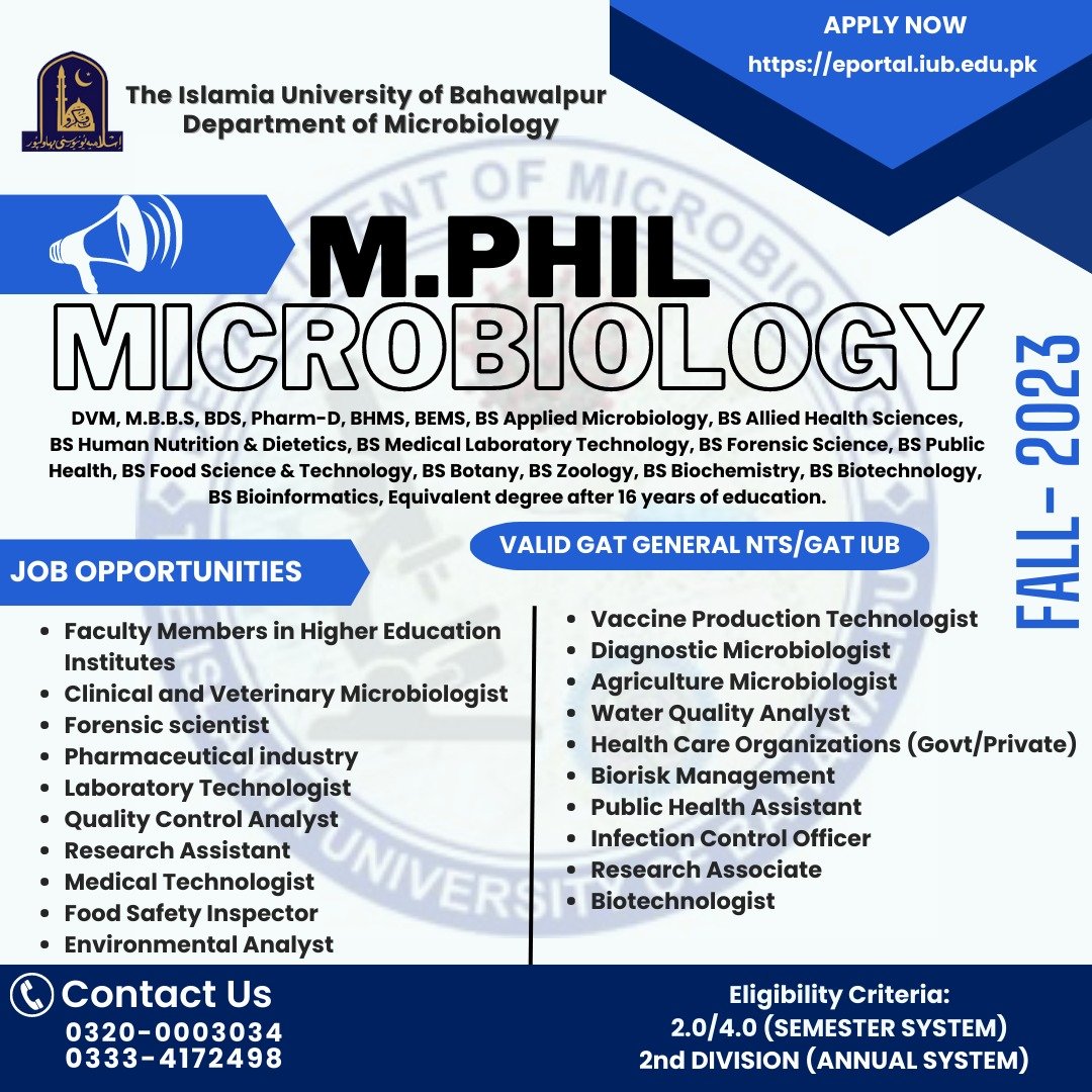 IUBmicrobiology's tweet photo. Fall-2023
M. Phil Microbiology
Admission open
Apply now

#IslamiaUniversityBahawalpur #iub #iubb #iubbwp #iubbwp #IUBian https://t.co/5nMEq7luYK
