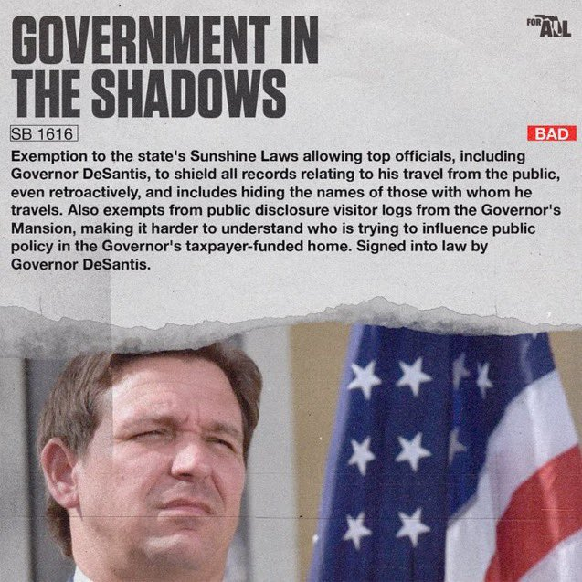 DemsKeys's tweet photo. Floridians deserve to know when, where, and how our tax paid for resources are being used.

Tallahassee Republicans, who drafted and passed laws so DeSantis could run without resigning, also passed retroactive secrecy laws.

State vehicles crashed out of state while being used for campaign stops. Transparency, other than crash reports, when our resources are being used is fair.

#DemCastFL #OVFL #ProudBlue