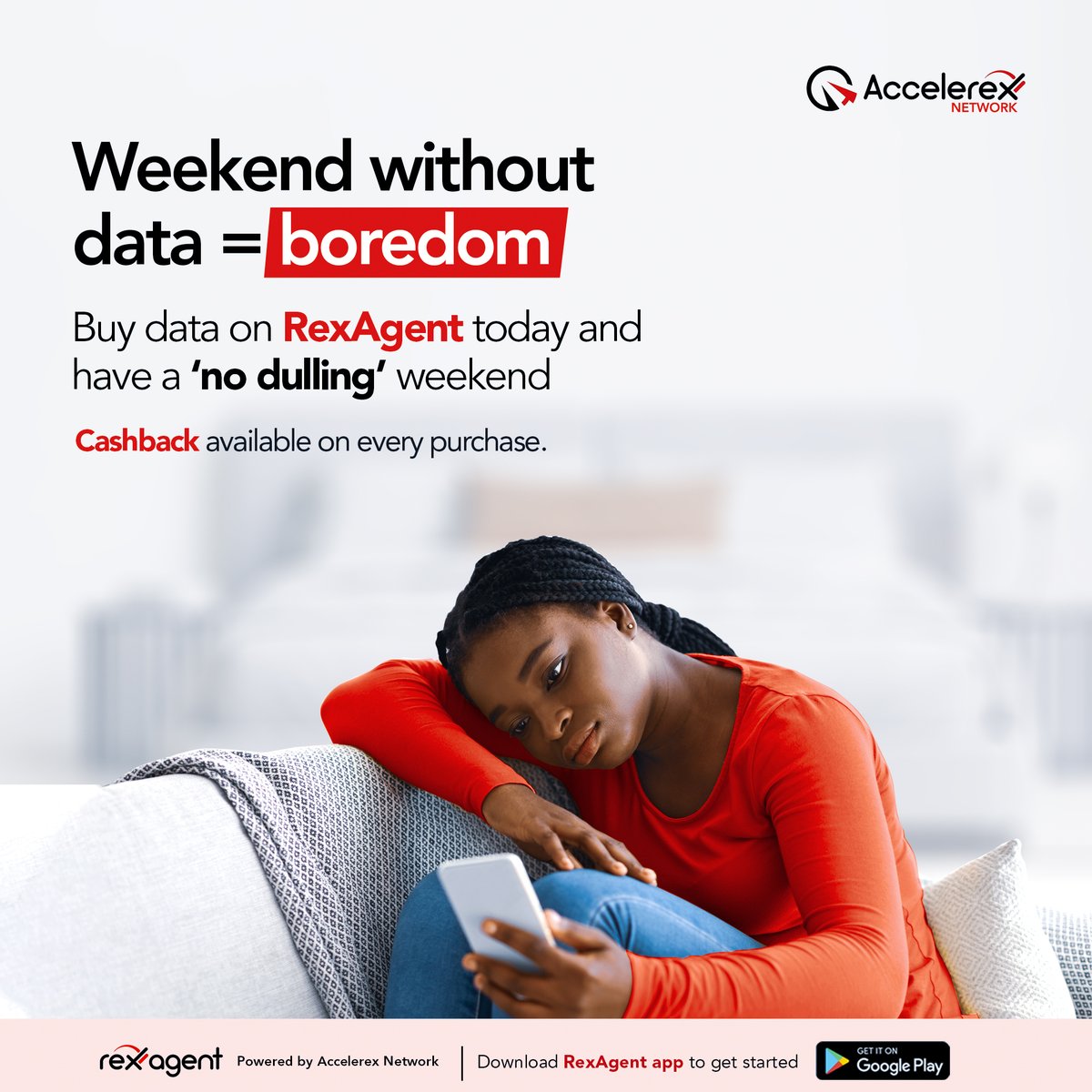 AccelerexN's tweet photo. Don't miss out on gists from family and friends, including online 'gbas gbos' 🤭 Say "No" to boredom this weekend, get data on RexAgent, and enjoy cashback on every purchase.

Download RexAgent here: https://t.co/umTYVnqgdu to get started.

#Accelerex 
#Accelerexnetwork
#RexAgent https://t.co/QwRcJNkBko