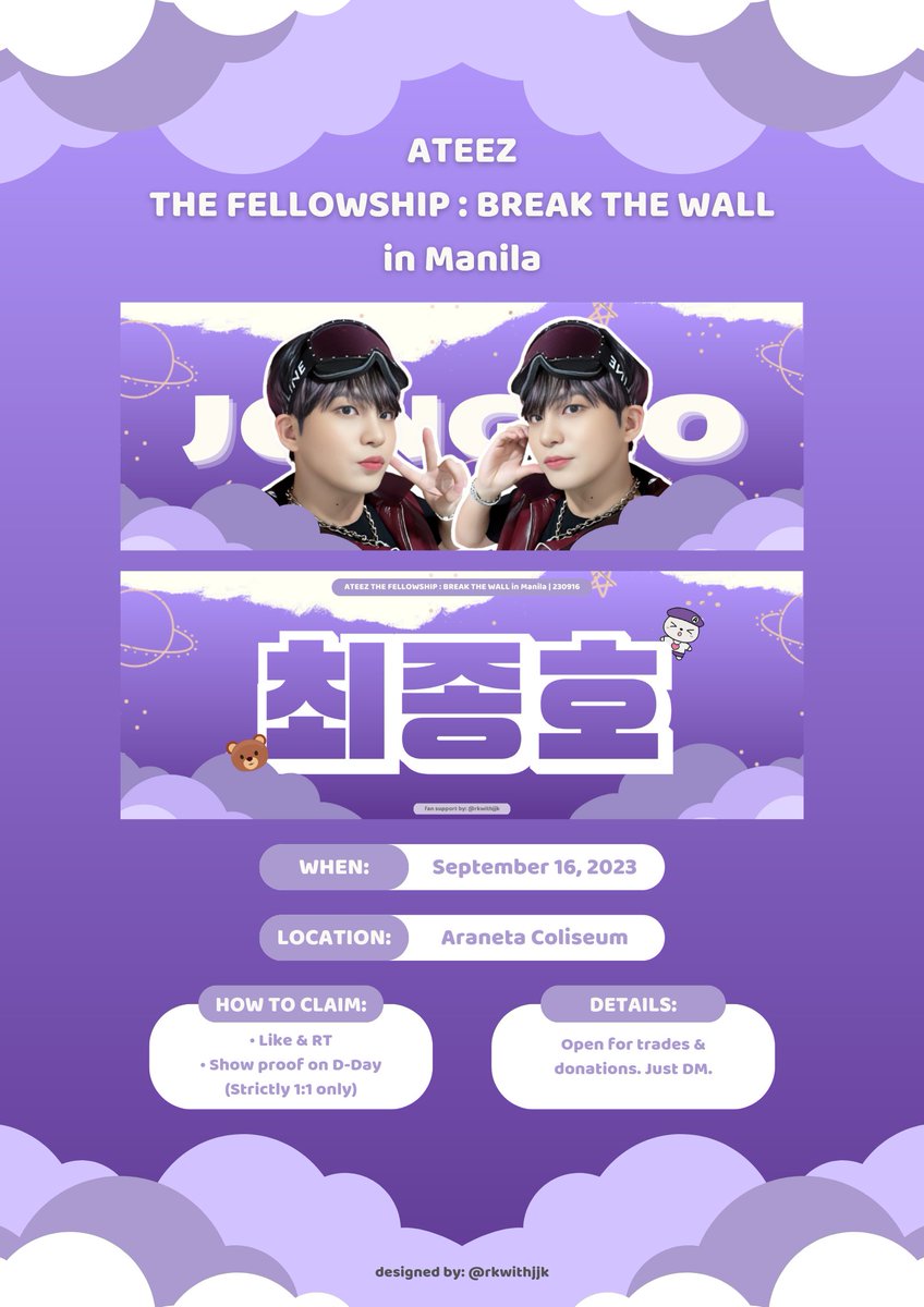 rkwithjjk's tweet photo. ATEEZ THE FELLOWSHIP: BREAK THE WALL in Manila

🐻 Jongho Hand Banner 🐻

☆ like &amp; rt
☆ show proof on d-day
☆ open for trades &amp; donations!

will update my whereabouts on d-day, see you Atiny ♡

#Break_The_Wall_MNL #FilotinyFreebies #TheFellowship #ATEEZ #에이티즈 https://t.co/4BG77ToF7A