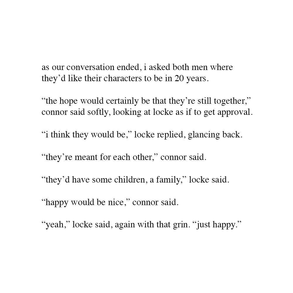 dailyjlocke's tweet image. joe and kit on the future of their characters: 

"happy would be nice."

"yeah, just happy."