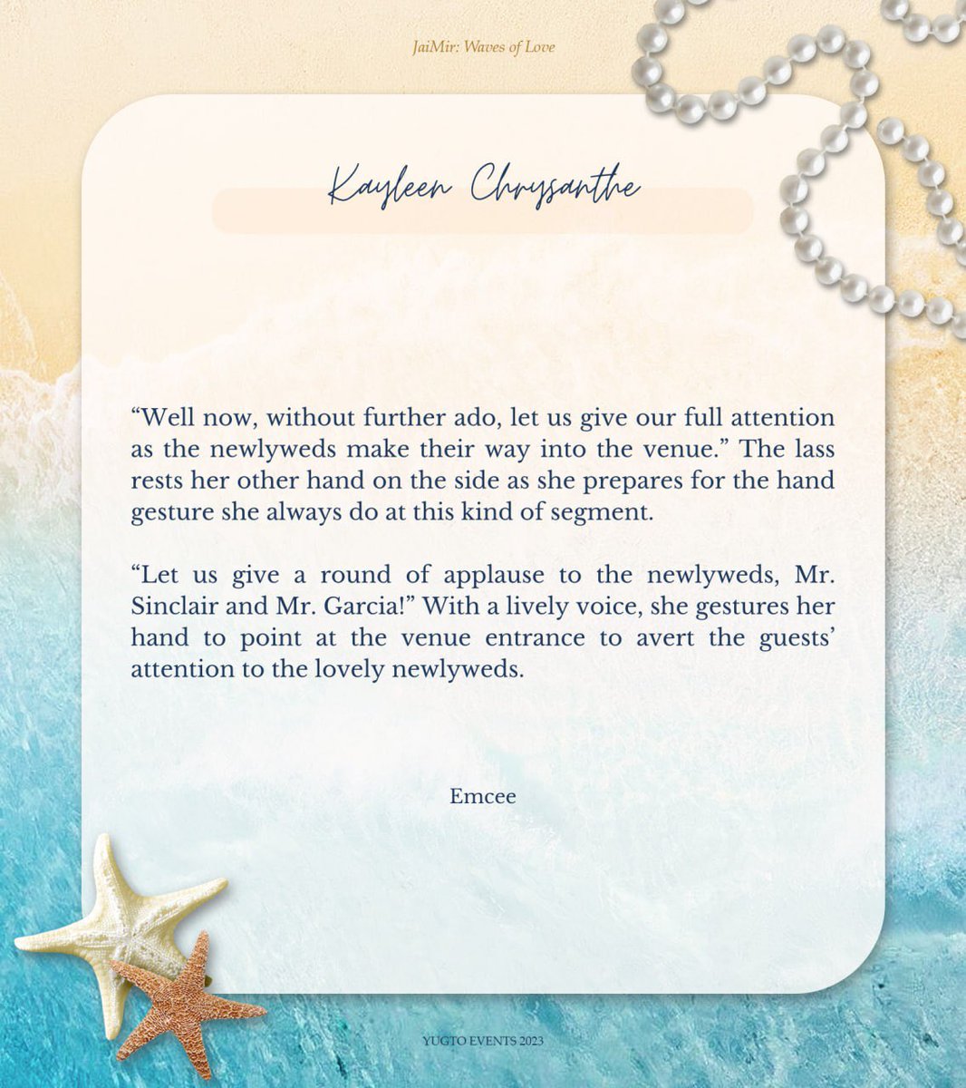 <a href="/JAIMIRWOL/">JaiMir : Waves of Love</a> ⠀
⠀
⠀⠀ ‧₊˚✩彡 EMCEE, #KAYLEEN ໑ 
⠀
⠀