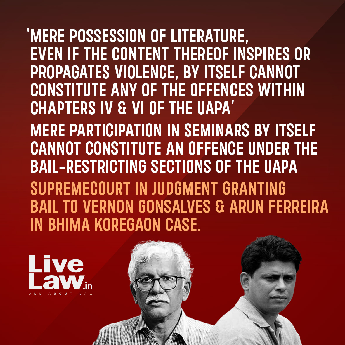 Mere Possession Of Extremist Literature Not 'Terrorist Activity' Under UAPA; No 'Credible Evidence' Against Vernon &amp; Arun: Supreme Court
Read more: lnkd.in/gS9ZzSMF
#SupremeCourt  #UAPA #BhimaKoregaon #SupremeCourtofIndia