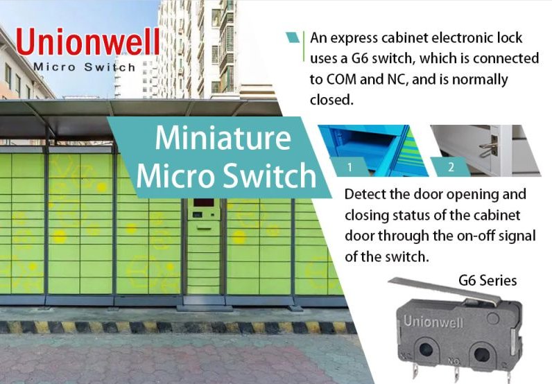 G6 miniature micro switch can detect the express cabinet door state; an express cabinet electric lock uses a G6 switch, which has terminals of COM and NC. The express cabinet micro switch is a normally closed micro switch.