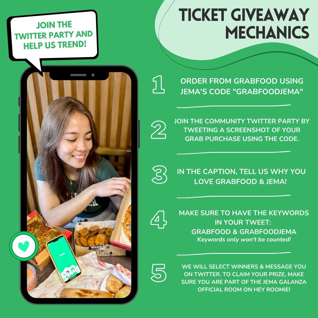 QueenJGOfficial's tweet photo. Sabay-sabay sumigaw sa excitement for the Finals tomorrow! May GrabFood promo code si Jema! Use GRABFOODJEMA to get 50 pesos off at may chance pa manalo ng PVL tickets!
 
Tell us why you love Grabfood and Jema. Tweet, quote, or reply using our Official Tagline (include the photo of your delivery in Grabfood using Jema’s code)

ps: you must also join our Hey Roomie Room. Download the app and use QJGSWEETSPEAS to enter

GRABFOODJEMA | GRABFOOD