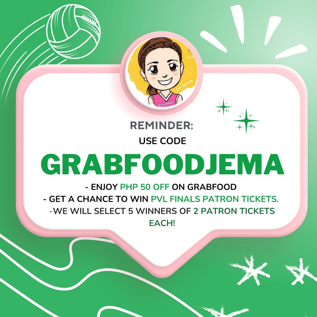 QueenJGOfficial's tweet photo. Sabay-sabay sumigaw sa excitement for the Finals tomorrow! May GrabFood promo code si Jema! Use GRABFOODJEMA to get 50 pesos off at may chance pa manalo ng PVL tickets!
 
Tell us why you love Grabfood and Jema. Tweet, quote, or reply using our Official Tagline (include the photo of your delivery in Grabfood using Jema’s code)

ps: you must also join our Hey Roomie Room. Download the app and use QJGSWEETSPEAS to enter

GRABFOODJEMA | GRABFOOD