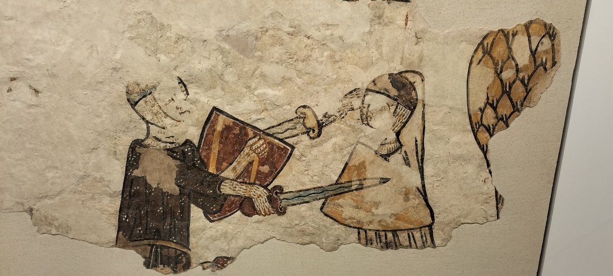 SurrelV's tweet photo. Les peintures murales du château de Cruet (14e s.), représentant des épisodes de la chanson de geste Girard de Vienne (ou de Roussillon ?), sont à nouveau visibles au musée de Chambéry #MoyenAge #medievalart #litteraturemedievale https://t.co/Ivh1hSxbKL