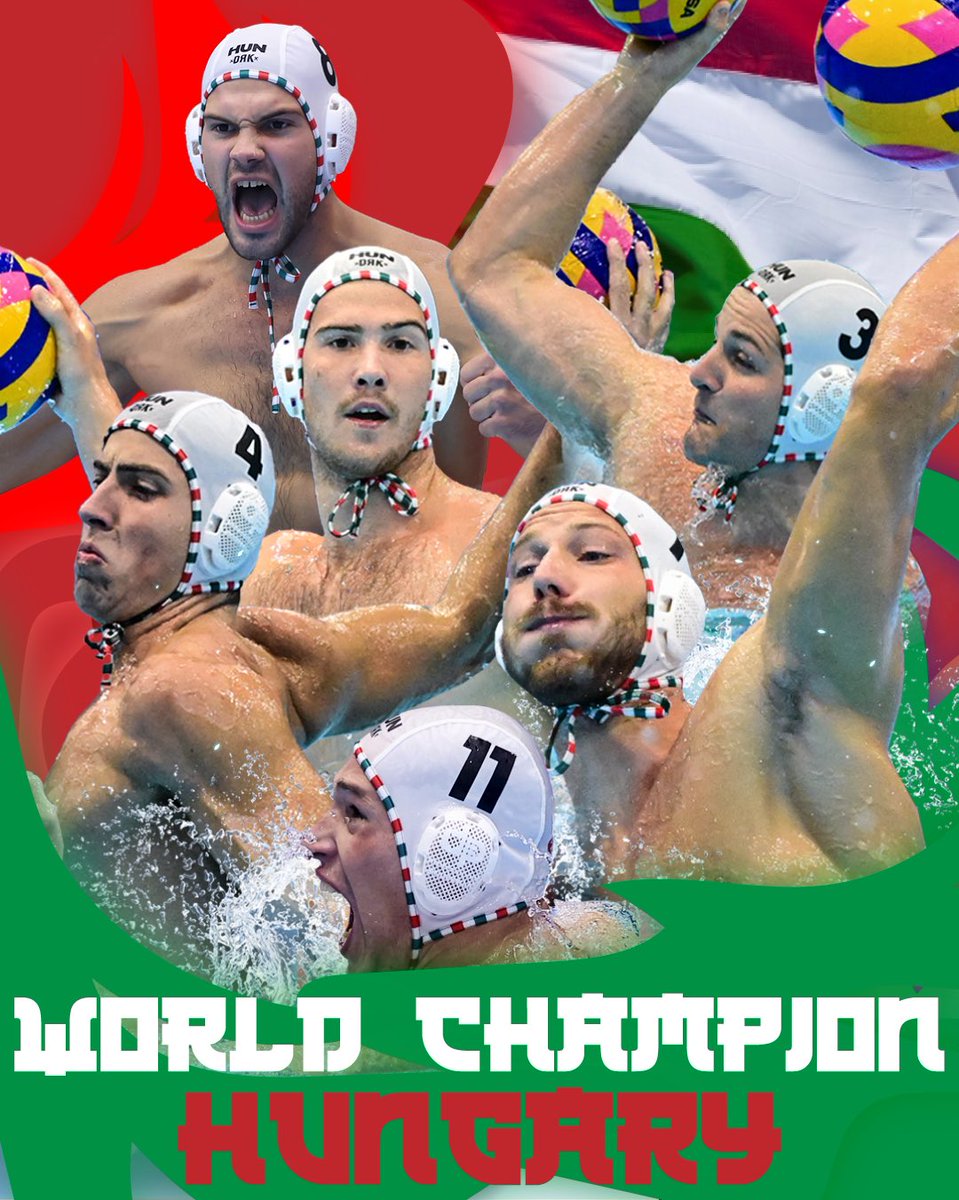 WorldAquatics's tweet photo. 🇭🇺🇭🇺 Hungary are the Men #WaterPolo World Champions 🥇🥇 #AQUAFukuoka23 https://t.co/gg0ZNFuIN3