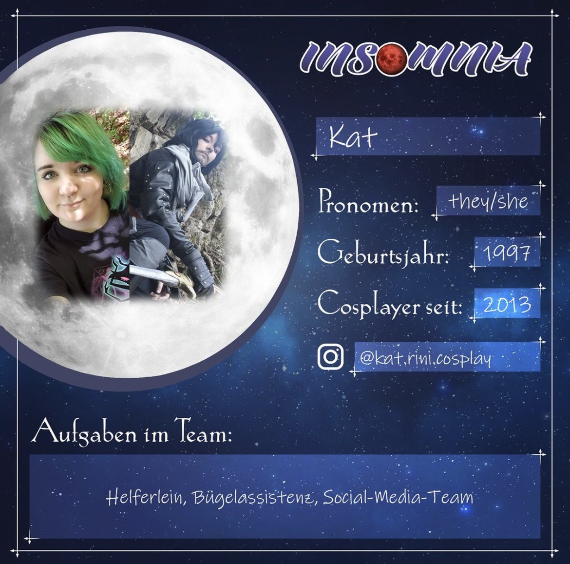 Insomnia_Show's tweet photo. kat.rini.cosplay ist ebenfalls eines der Küken und kümmert sich mit um unseren TikTok Account.🥳Gemeinsam mit Lance sorgt sie dafür, dass die Kostüme anständig aussehen und es hinter der Bühne läuft. Danke an @xCheshix und Lory für die Werbung! Dank ihnen hat sie zu uns gefunden! https://t.co/mjdXRvQH5G