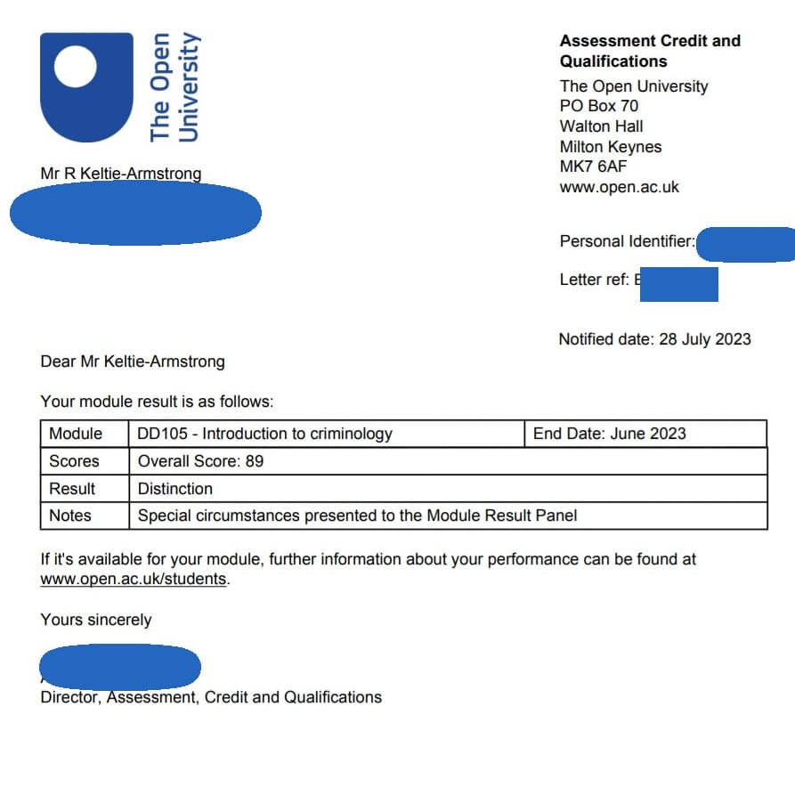 Roboformers's tweet photo. Finally, it has appeared...
#DD105 #IntroToCriminology #criminology #ou #oustudent #opendegree #openuniversity #maturestudent #moduleresult #mab https://t.co/VI6kQnz4H0