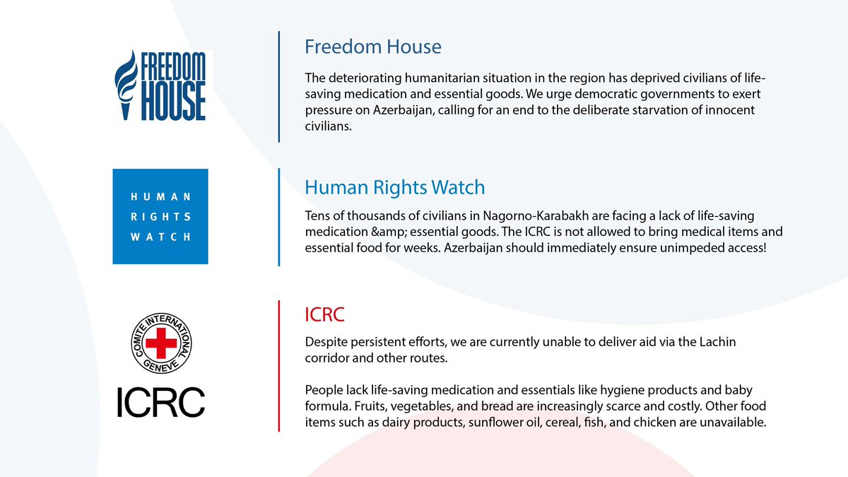 ArmSpoxMFA's tweet photo. Many intl orgs, govs, intl human rights advocates are united in assessment of serious humanitarian situation in #NagornoKarabakh &amp;in call to lift #LachinCorridor blockade as confirmed by @CIJ_ICJ &amp; @ECHR_CEDH. Instead of deviating from its clear obligation,AZ should implement it. https://t.co/57mfVBB9Ky