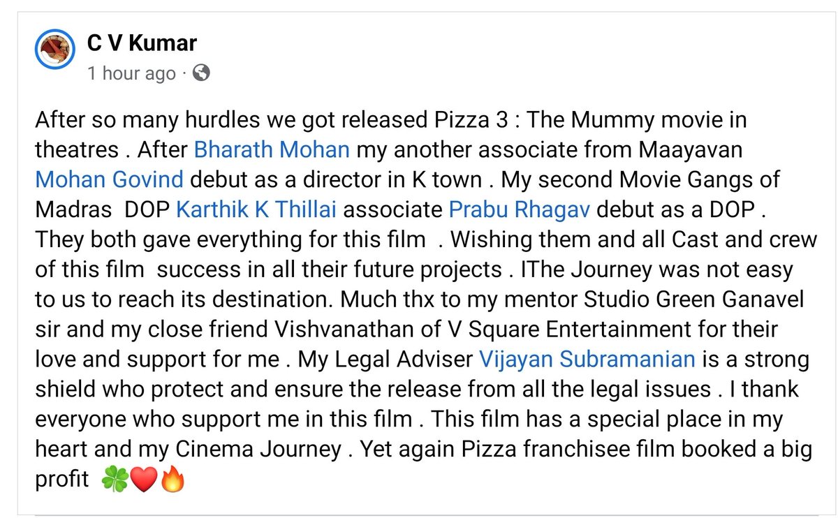 Happy to represent you, Cv kumar sir @icvkumar 

@ThirukumaranEnt #Pizza3TheMummy #pizza3