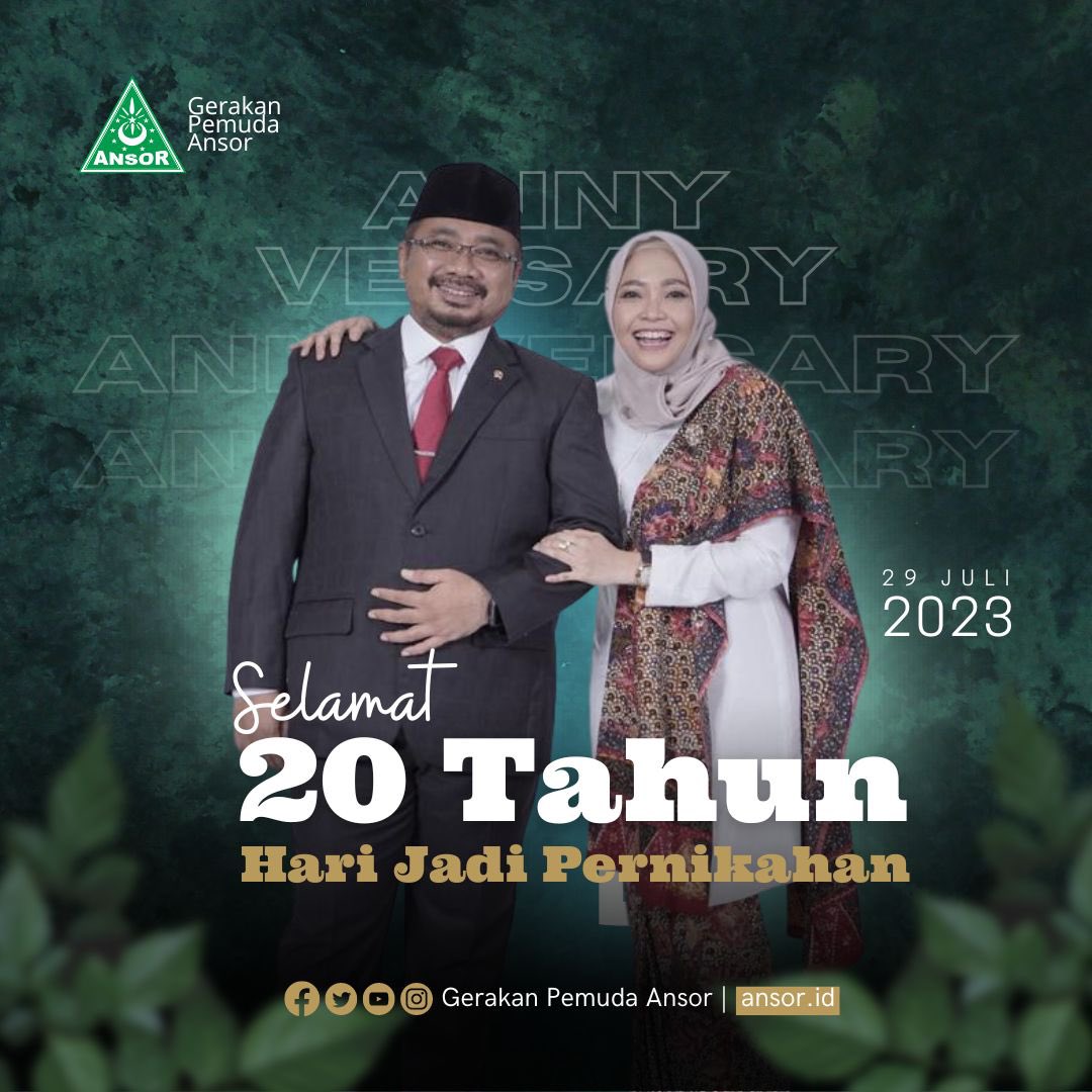 Official_Ansor's tweet photo. Selamat Hari Jadi Pernikahan Ketum Yaqut Cholil Qoumas bersama istri. 

Semoga senantiasa dalam sepuhan doa-doa, menyertai bait bahagia dalam rumah tangga, melangitkan harapan, dan menyertakan salam sumringah untuk sekitar. https://t.co/hG3WmfzJMG