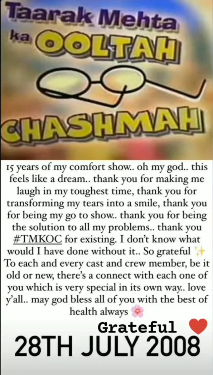 taarakmehtakaooltahchashmahnfp Grateful for 15 years of laughter and joy! Thank you to our amazing cast, crew, and fans for making this show a smashing success. Here's to countless more hilarious moments together😍 
@TMKOC_NTF @AsitKumarrModi
#15YearsTMKOC  #HasoHasaoDivas