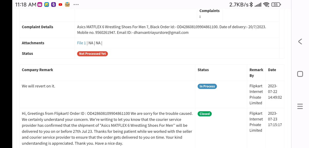 <a href="/nch1915/">National Consumer Helpline</a> <a href="/flipkartsupport/">FlipkartSupport</a> <a href="/aajtak/">AajTak</a> <a href="/BandBajaateRaho/">BBR - Amplifying Consumer Voice</a> False promises by <a href="/flipkartsupport/">FlipkartSupport</a> .
In this picture,they reply on 23july2023 that we are ensuring that delivery will on or before 27july 2023 at national consumer helpline website. Later they intentionally cancelled my order without prior notice. <a href="/nch1915/">National Consumer Helpline</a> <a href="/BandBajaateRaho/">BBR - Amplifying Consumer Voice</a>