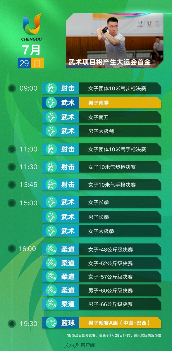 Skiing_China's tweet photo. 成都大运会观赛指南来了，来看看今天都有什么比赛项目吧！#白山松水喝彩大运 #china #jilin #每日一吉 #大运会 https://t.co/WyAgEsco40