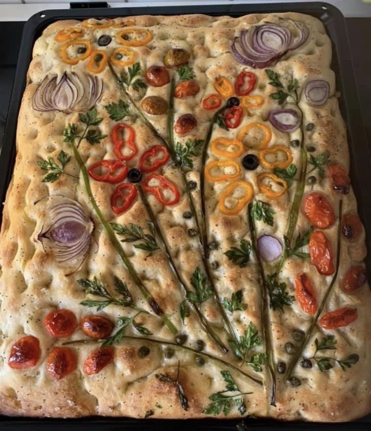 hauteblood's tweet photo. this garden focaccia is way too pretty to eat https://t.co/CJxMNg1Mur