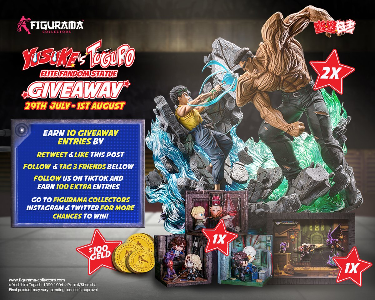 ☄️YUYU HAKUSHO: YUSUKE VS TOGURO STATUE SOCIAL MEDIA GIVEAWAY 🕶

Like, Retweet, Follow and Tag 3 friends to stand a chance to win!

To earn 10 extra giveaway entries follow us on TikTok: linktr.ee/figurama1

#FiguramaCollectors #YuYuHakusho #Giveaway