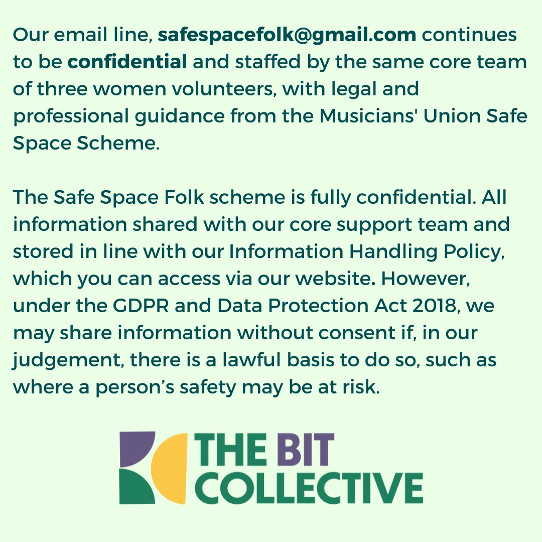 (1/3) We have changed the primary purpose of our Safe Space Folk scheme. 

The scheme will now primarily focus on helping survivors, and those looking for advice on how to deal with instances of misogyny and abuse within the scene, seek out appropriate help and resources.