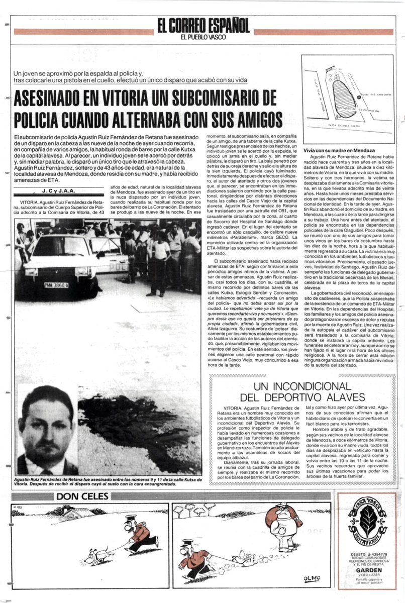 CarlosDeUrrecha's tweet photo. "Cuando nos acercamos estaba tendido en el suelo y de detrás de una oreja manaba abundante sangre'
Subcomisario CNP D. Agustín Ruiz Fernández de Retana asesinado con un tiro en la nuca en Vitoria por los cobardes de ETA

"Era un blanco fácil"
https://t.co/G3GE0JjZ9N https://t.co/hyNVd7GpdA