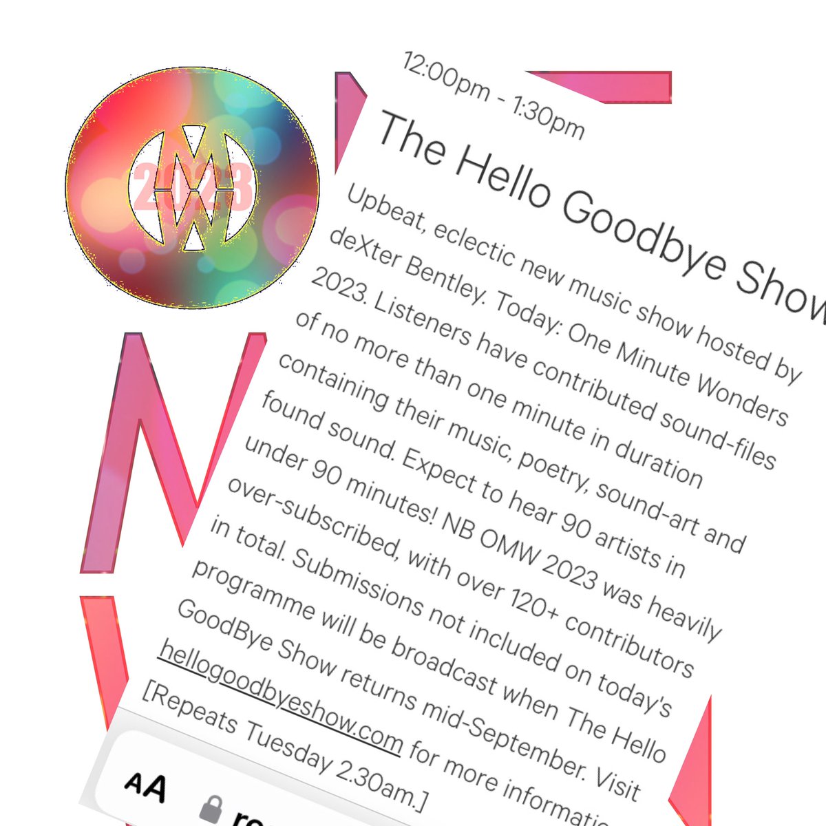 One Minute Wonders 2023 - 90 artists in under 90 minutes!
player.resonancefm.com @resonancefm #hellogoodbyeshow #dexterbentley #resonancefm #oneminutewonders2023 #oneminutewonders #omw2023 #oneminwon #communityarts #communityradio #fm #london #music #poetry #soundart #foundsound
