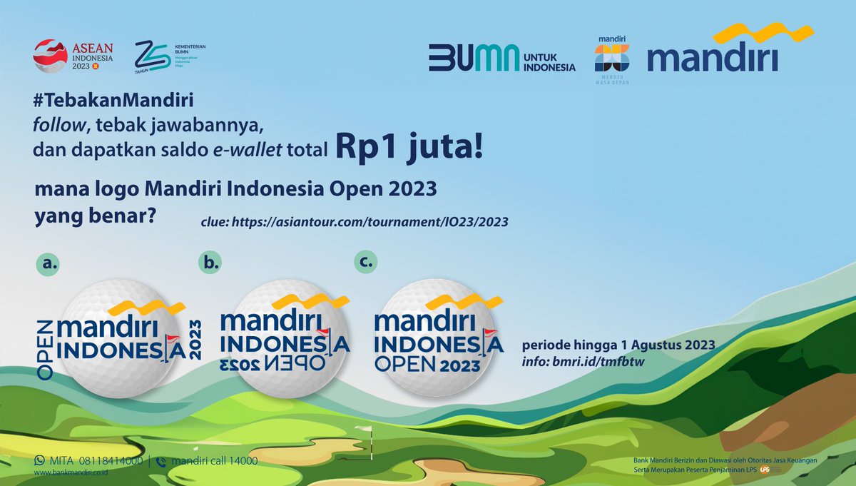 bankmandiri's tweet photo. Ada e-wallet total Rp1 juta nih buat kamu! Cukup reply tweet ini dengan jawaban kamu plus hashtag #TebakanMandiri!

Periode s/d 1 Agustus 2023.

Clue: https://t.co/YBRvFWJi2Z
Info: https://t.co/UZerQnkhAU

#KuisBerhadiah https://t.co/eKkXfRO2hL