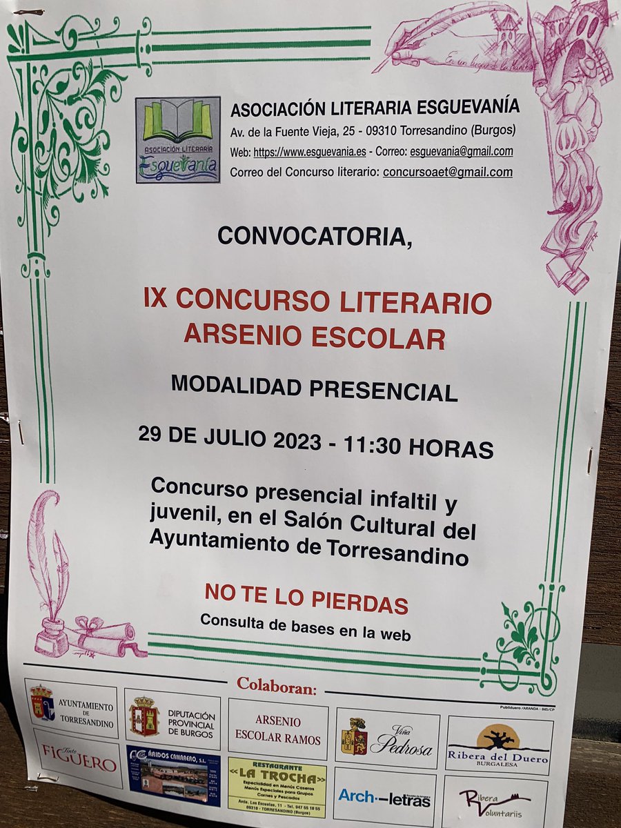 arsenioescolar's tweet photo. Fiesta de jóvenes escritores en Torresandino.
El concurso literario de @esguevania ya llega a su novena edición. Hoy, con la modalidad presencial de las categorías infantil y juvenil. El 19/08 entregaremos todos los premios, incluidos los de categoría absoluta.
@archiletras https://t.co/gYcLV1CVrm