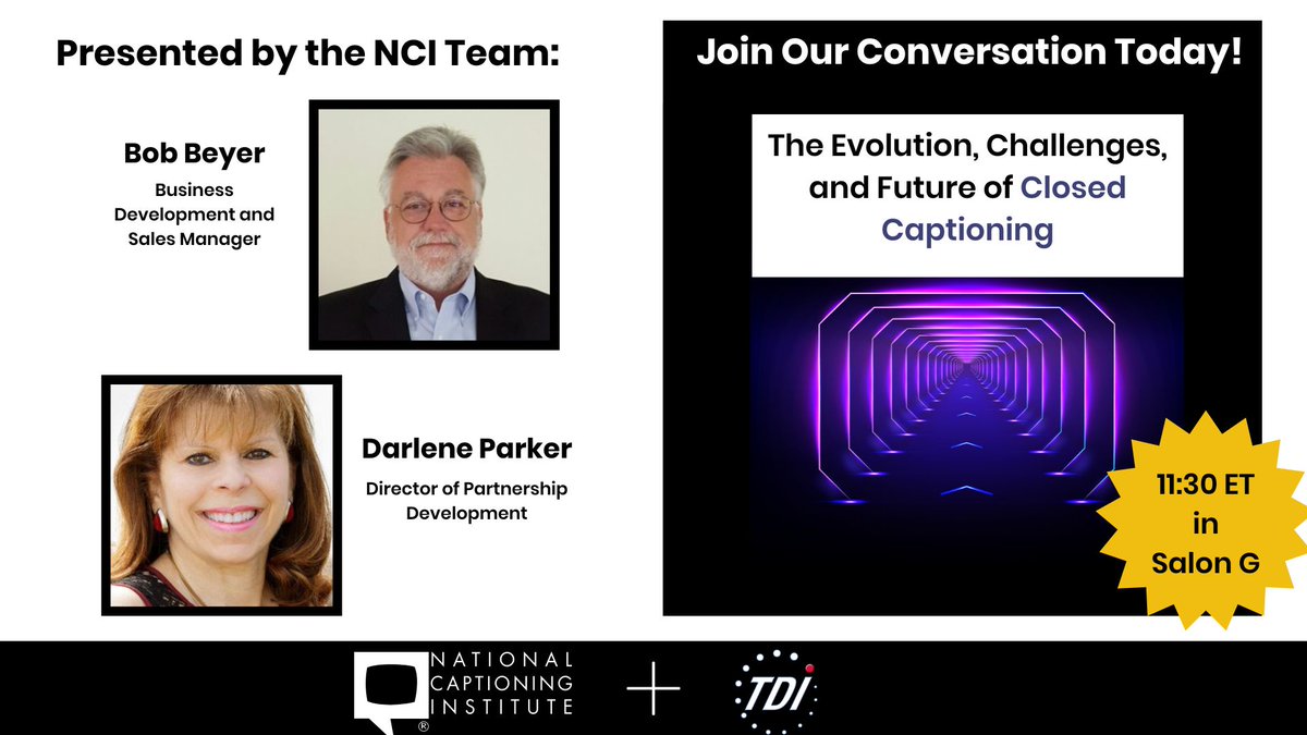 TDI attendees, don't miss Darlene &amp; Bob presenting their workshop today on "The Evolution, Challenges, and Future of Closed Captioning. "  What is NCI's connection to #StarTrek? What was #ASR like in the 1950s? Where is our industry  headed? Come find out!