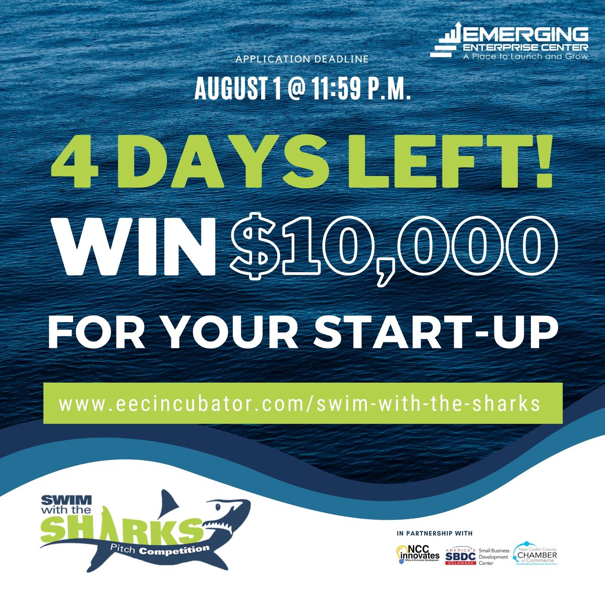 4 DAYS LEFT! WIN $10,000 FOR YOUR STARTUP! 💰 

Apply by August 1, 2023, at 11:59 p.m. EST: buff.ly/30dphgr 

In partnership with Delaware Small Business Development Center, New Castle County Chamber of Commerce, and NCC Innovates.

#wilmingtondelaware
#shopsmall