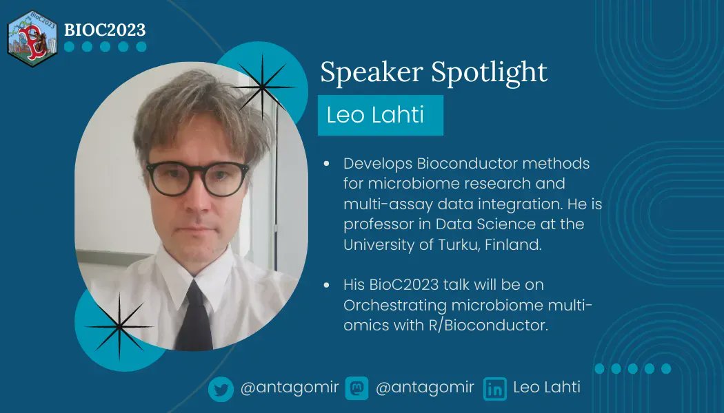 **Speaker Spotlight**

Leo Lahti

Twitter: <a href="/antagomir/">Leo Lahti</a> 
Mastodon: <a href="/antagomir/">Leo Lahti</a> 
LinkedIn: buff.ly/3JUhXNf 
GitHub: buff.ly/3O8PhTa 

His #BioC2023 talk will be on orchestrating microbiome multi-omics with R/Bioconductor. 

BioC2023 Schedule: buff.ly/3O1mjVq