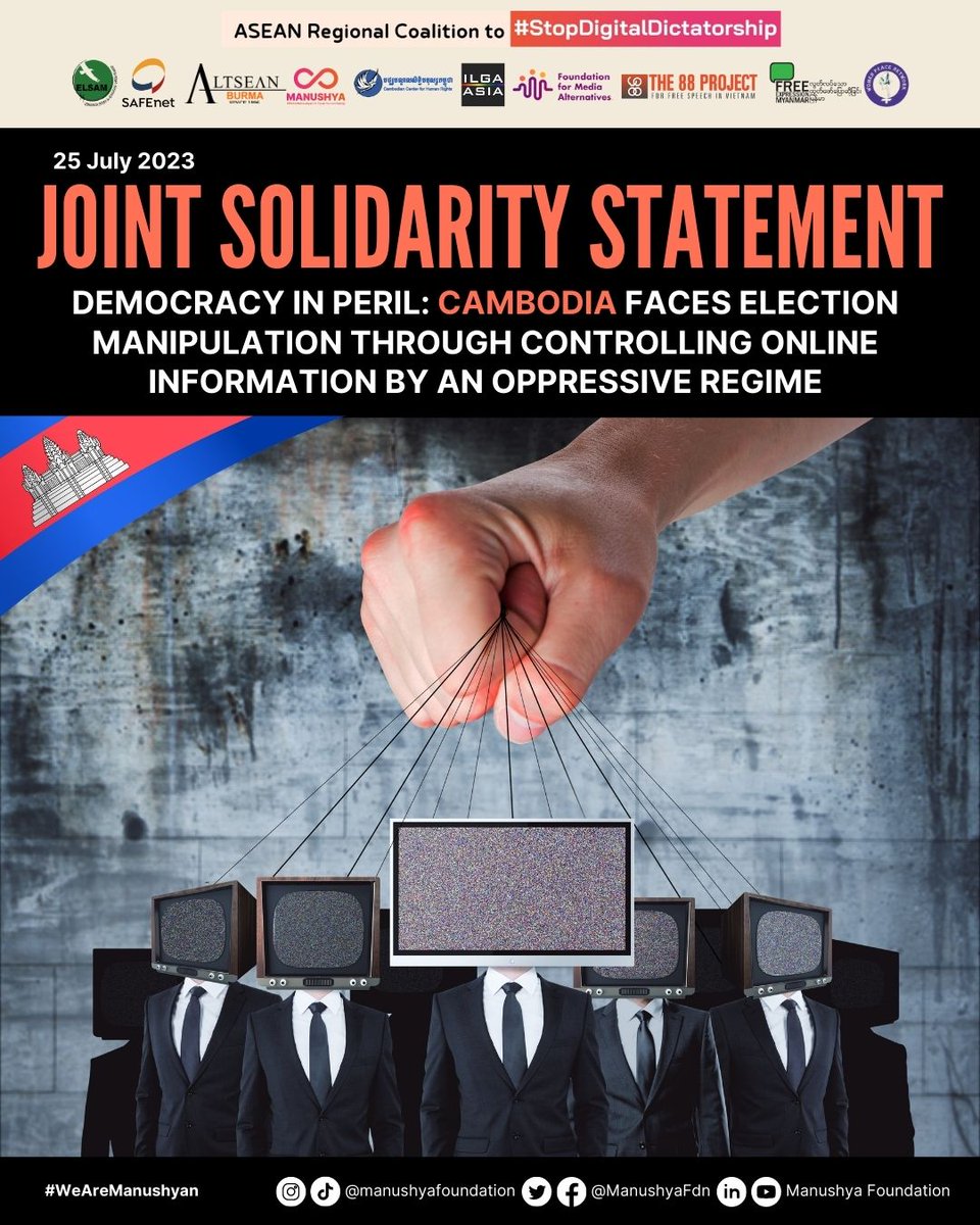 Excellent joint NGO solidarity statement against #Cambodia's blocking of websites, shutting down independent media like <a href="/VOD_English/">VOD English</a>, single Internet Gateway proposal &amp; other online censorship! manushyafoundation.org/cambodiaelecti… Time to #StopDigitalDictatorship <a href="/hunsencambodia/">Hun Sen</a>! <a href="/hrw/">Human Rights Watch</a>