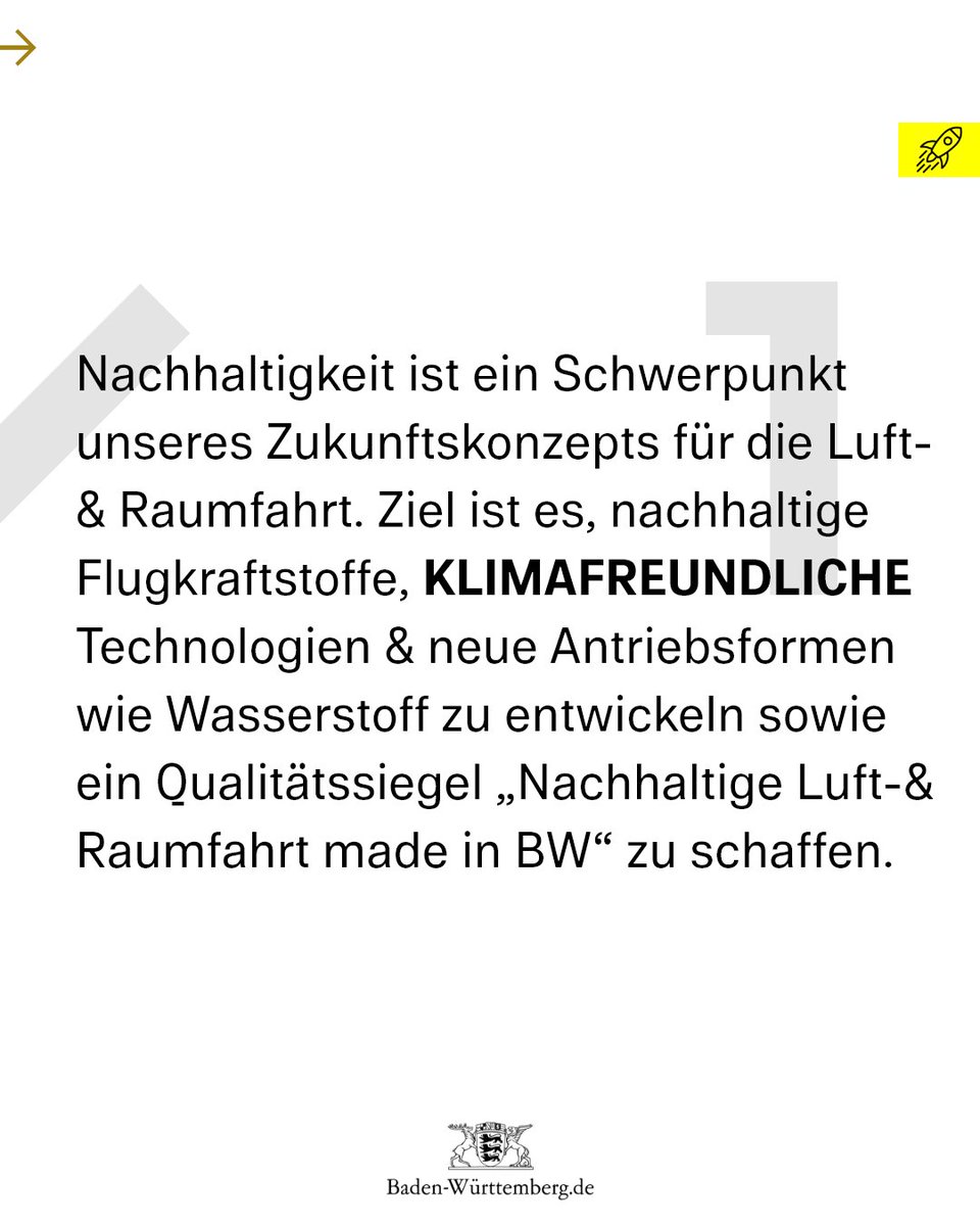 RegierungBW's tweet photo. Schon gewusst❓#Nachhaltigkeit ist ein Schwerpunkt unseres Zukunftskonzepts #aerospaceLÄND 🚀✈️🛰️ In den kommenden Jahren wollen wir unsere Stärken in der #Luftfahrt & #Raumfahrt auf klimafreundliche Anwendungen wie emissionsfreies Fliegen ausrichten. #SpotlightBW #5FaktenBW 1/3 https://t.co/rVzo2WtNYU