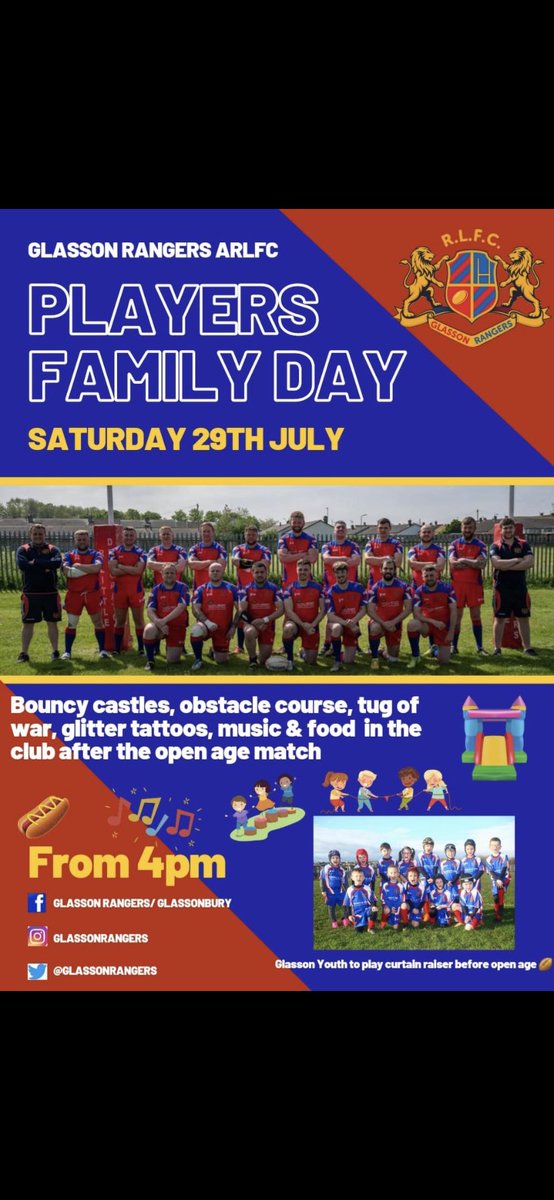 Glasson Rangers (@glassonrangers) on Twitter photo 1st team play <a href="/CockermouthArl/">Cockermouth Titans ARL</a> at home 14.30 kick off with the players family day.
All welcome 1st team play <a href="/CockermouthArl/">Cockermouth Titans ARL</a> at home 14.30 kick off with the players family day.
All welcome