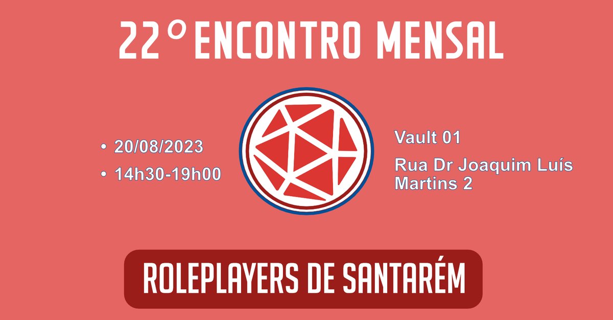 RoleplayerSan's tweet photo. Olá, Roleplayers!

Está já marcado o próximo encontro dos Roleplayers de Santarém na Vault 01 Santarém

Venham-se juntar a nós para conviver e já experimentar jogar RPG de mesa e jogos narrativo.😉

https://t.co/AXgAIIatOo

#ttrpg #santaremportugal #event #meetup https://t.co/SrHvnCGJtR