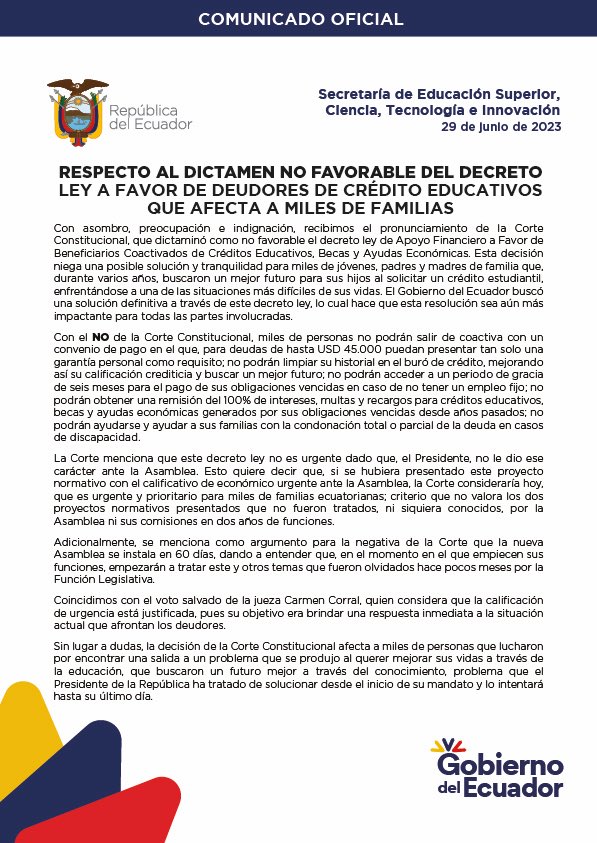 #Comunicado | Respecto a la negativa de la @CorteConstEcu ante la necesidad de deudores de crédito educativos que afecta a miles de familias.