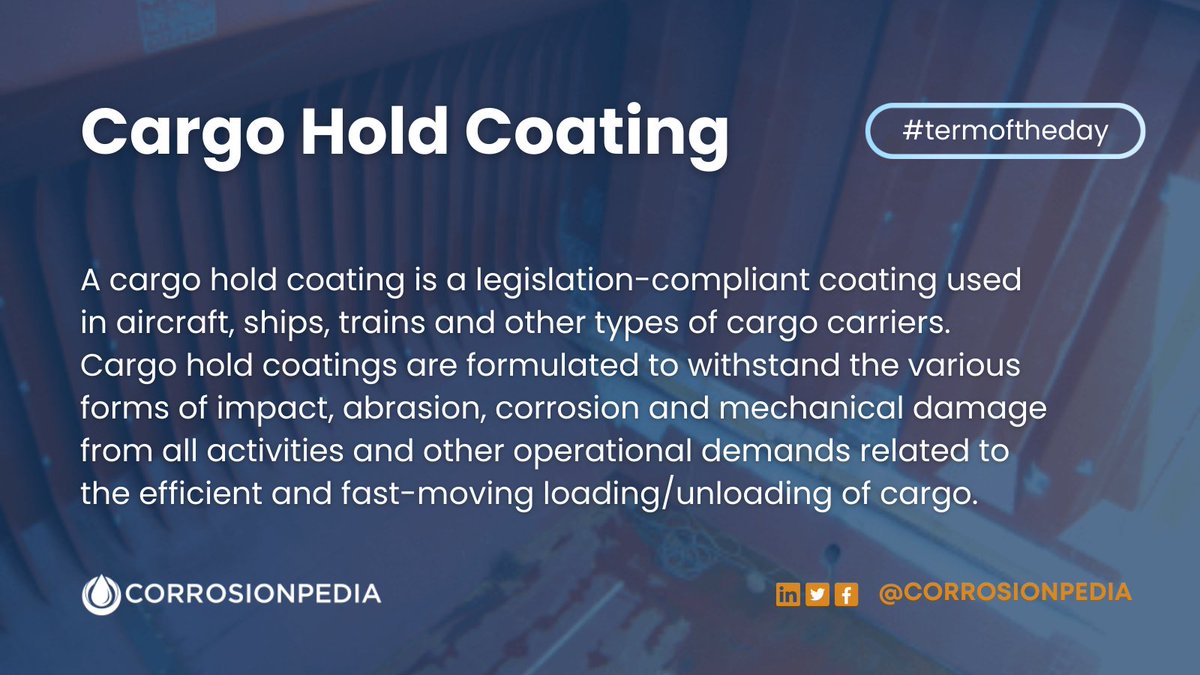 Cargo hold coatings are applied for their aesthetic and protective functions. Generally, the choice of coating is more dependent on protective than aesthetic considerations.
Learn more: buff.ly/477pNwT

#CargoHold #ProtectiveCoatings #Maintenance #Coating #Corrosion