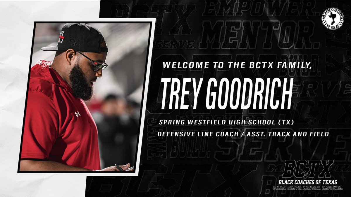 BlackCoachesTX's tweet image. Welcome to the #BCTX🫱🏾‍🫲🏿 family @TreyGoodrich!

Build. Serve. Mentor. Empower.

Join the #BCTX🫱🏾‍🫲🏿 today!