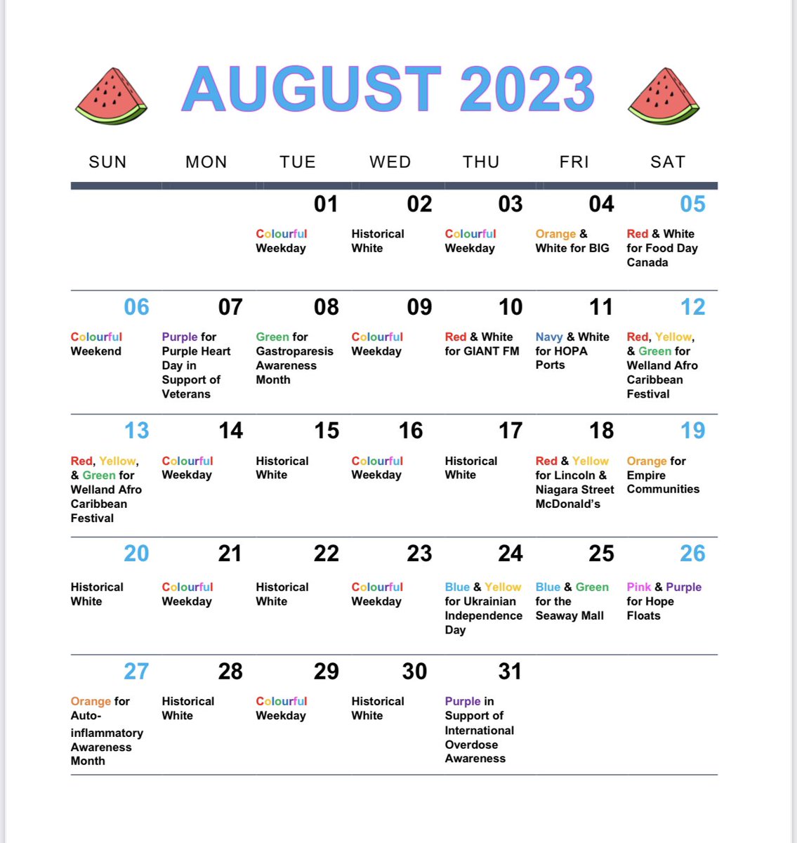 Welland Bridge 13 August Illumination Schedule