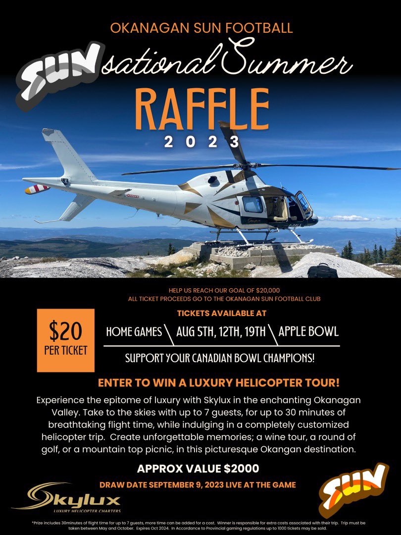 Very excited to announce the <a href="/okanagan_sun/">Okanagan Sun</a> fundraising initiative in partnership with <a href="/SkyluxHeli/">Skylux Luxury Helicopter Charters</a> Contact me or any Board member of the Sun for tickets. #herecomesthesun #sunwin