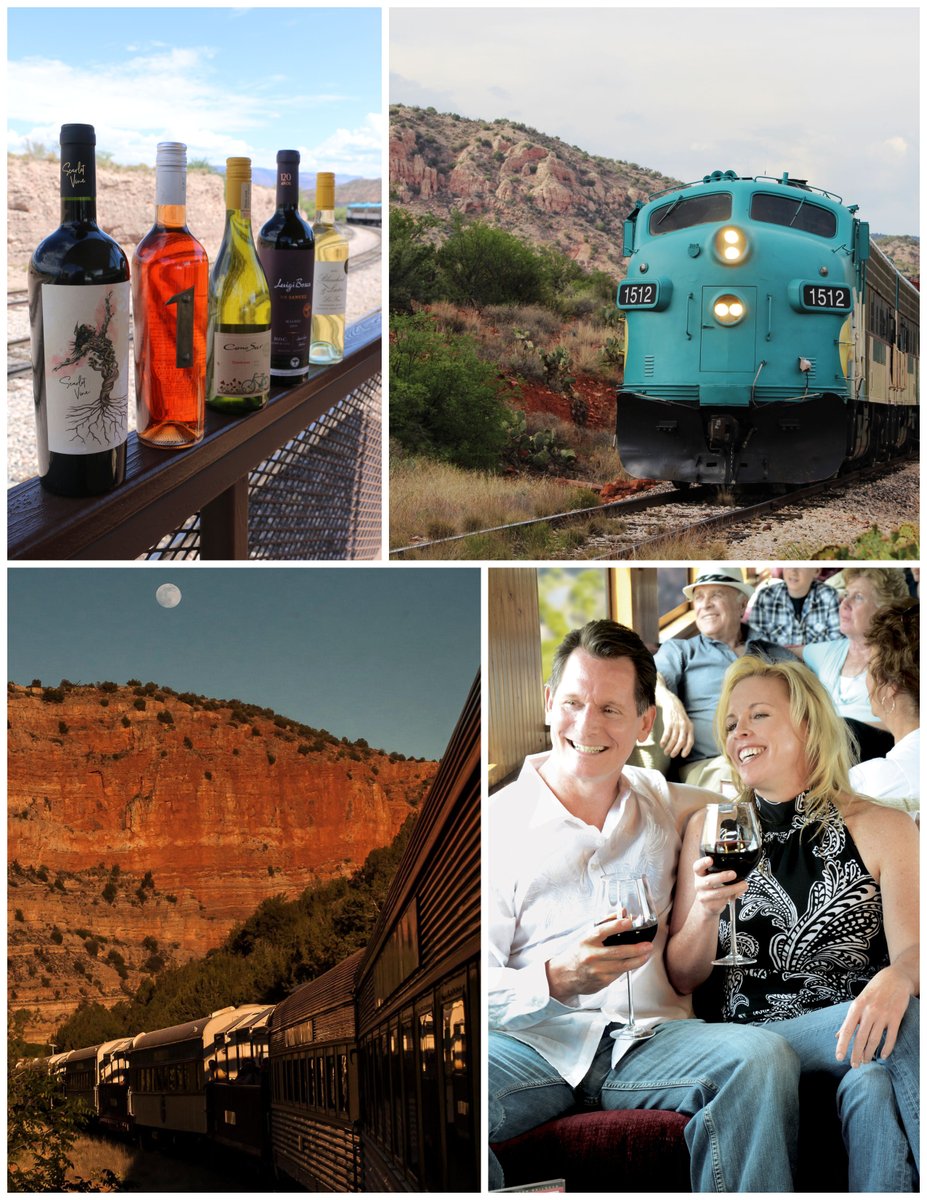 VerdeCanyonRail's tweet photo. #Wine &amp; #Wilderness: Looking for the perfect date night this summer? #VerdeCanyonRR offers #RomanceOnTheRails aboard the #GrapeTrainEscape, a special event wine-tasting upgrade during select Saturday #Starlight rides through 9/2.  https://t.co/aHJGUH3Cl3 https://t.co/GIRWZ0LQsm