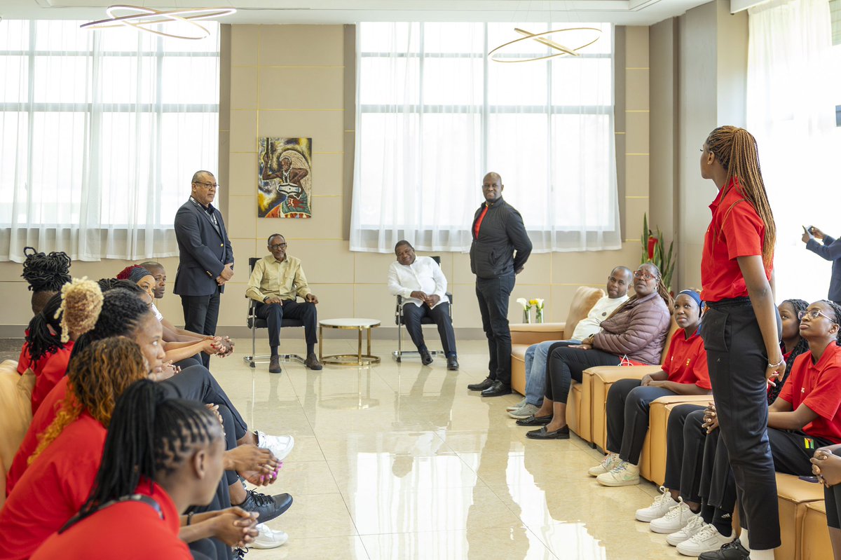 UrugwiroVillage's tweet photo. President Kagame and President Nyusi met the Mozambique women’s national basketball team earlier today and attended the ongoing 2023 FIBA Women’s AfroBasket taking place at BK Arena, which saw Mozambique come out victorious against Guinea. #AfroBasketWomen https://t.co/m8XkHrQChi