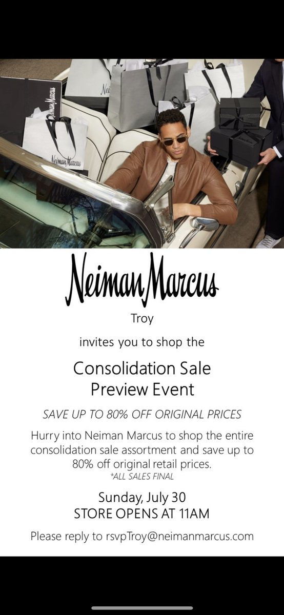 @NeimanMarcusTroy invites you to shop the Consolidation Sale Preview Event. SAVE up to 80% OFF original retail prices! Store opens at 11 AM. Be timely or miss out on the best Neiman Marcus prices of the year!
Please rsvp Troy@neimanmarcus.com
#FashBash2023 #DIAFJC #NeimanMarcus